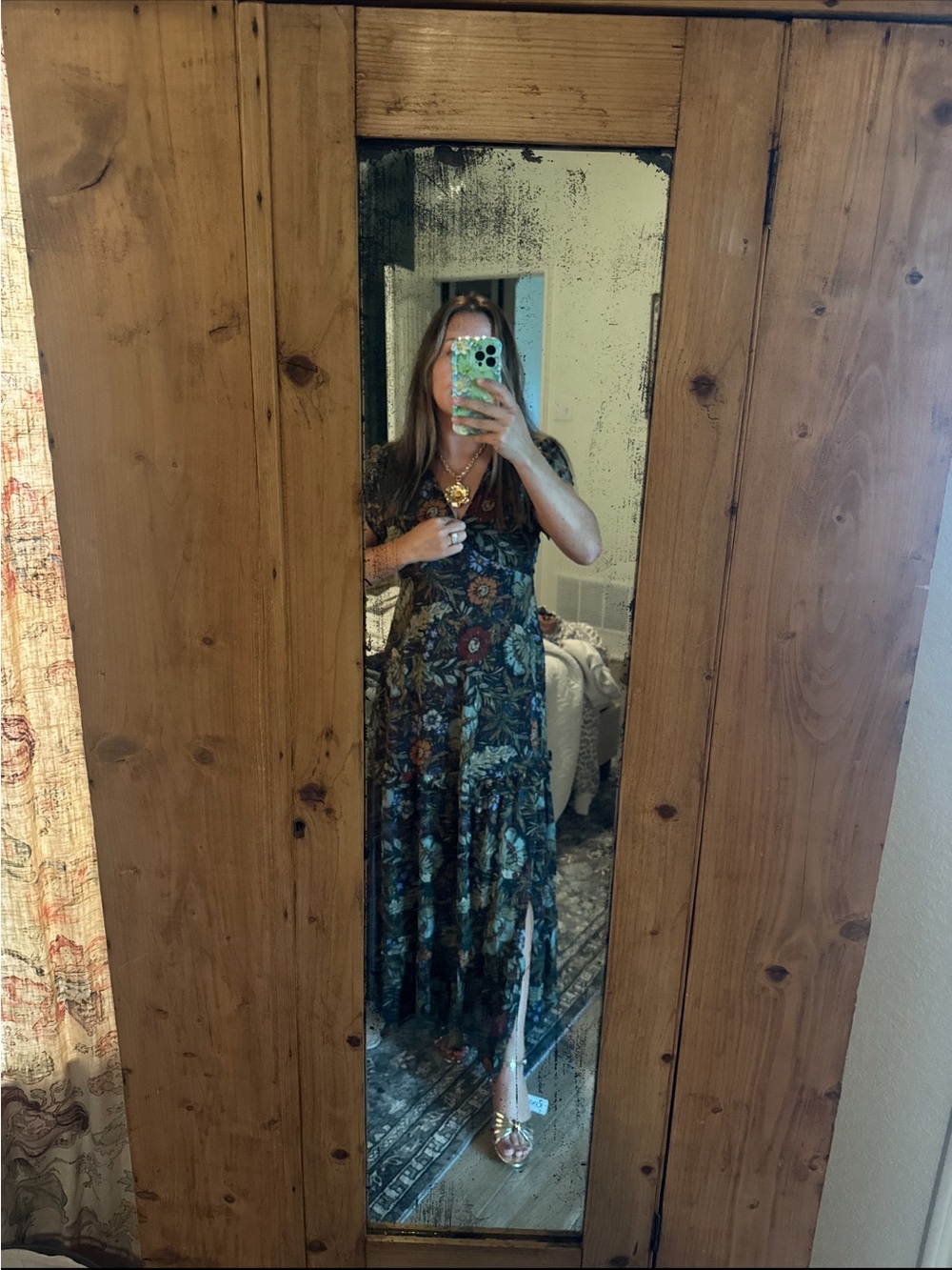 12th Tribe Olive Floral V-Neck Maxi Dress with Side Slit - Picture 4 of 5
